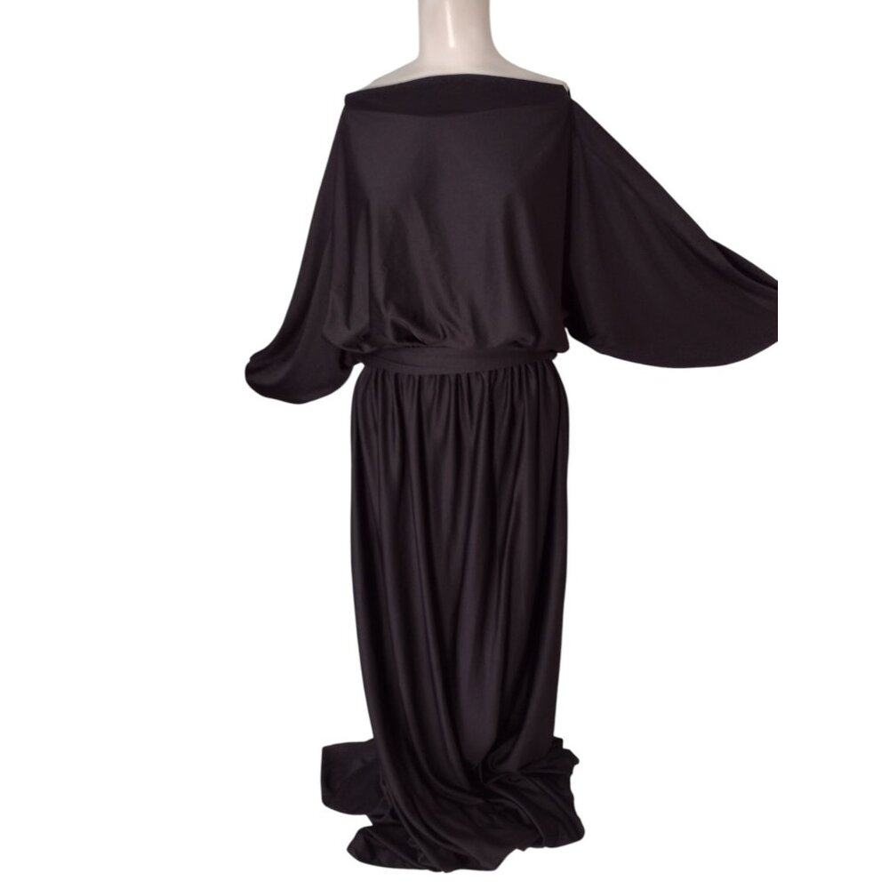 NEW Koh Koh Boat Neck Belted Maxi Dress Gown XL Black Goth Formal Event Stretch